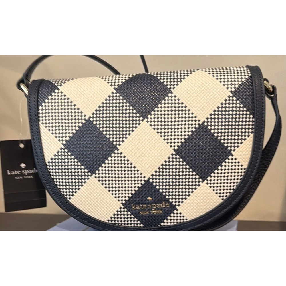 Kate Spade Crescent Woven Gingham Purse Crossbody Women's Bag Purse New Luna - Picture 2 of 11